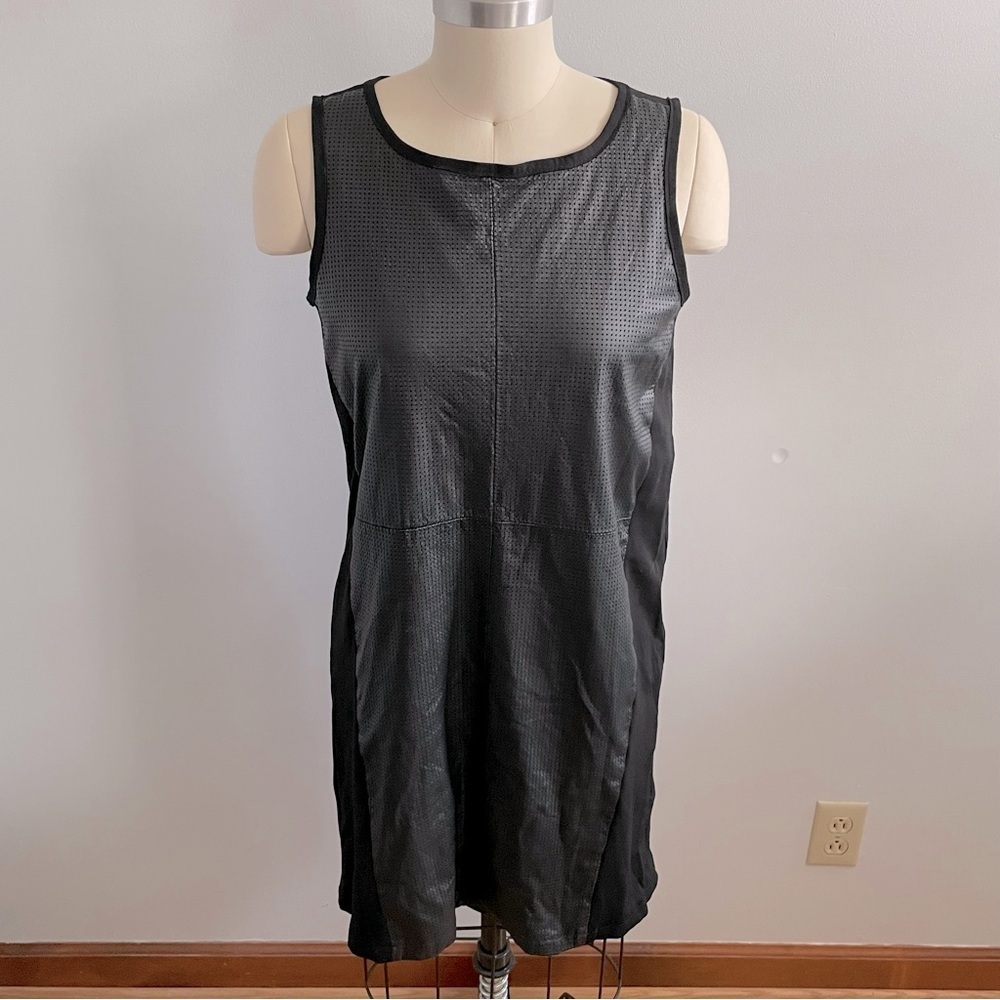 Neiman Marcus Leather Front Sheath Sleeveless Dress- Black- Size Medium